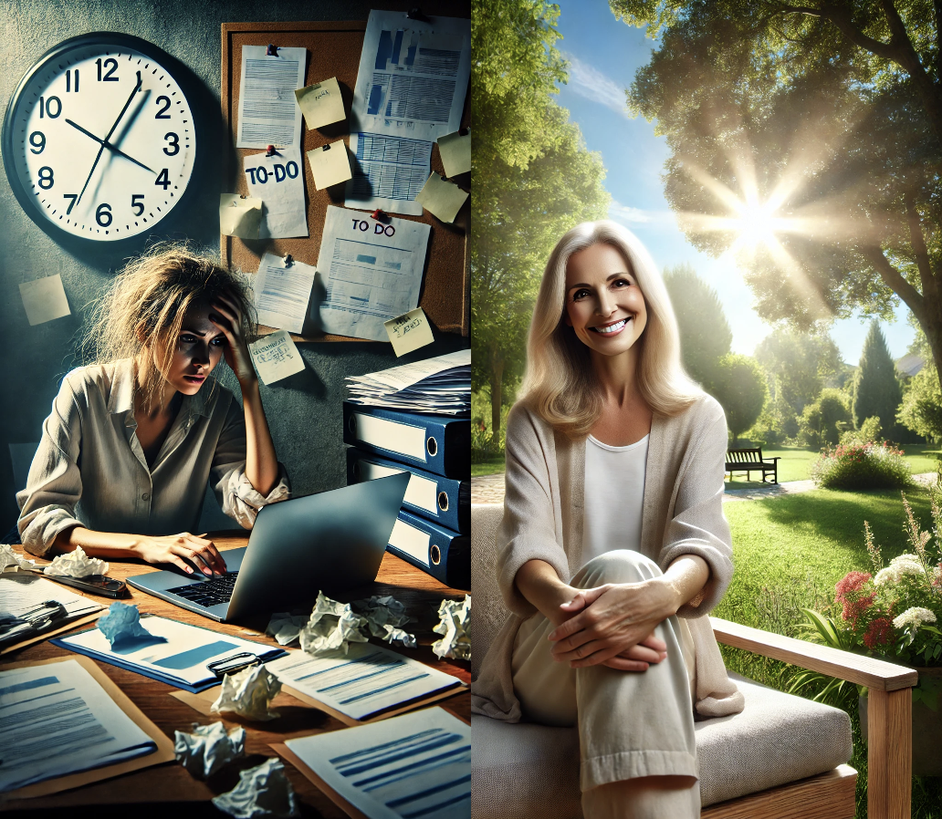 A split image depicting the contrast between burnout and bliss. On the left, a stressed woman sits at a cluttered desk filled with crumpled papers, binders, and sticky notes under a dim, oppressive light, clearly overwhelmed. On the right, a serene, smiling woman sits peacefully on a park bench, surrounded by lush greenery and warm sunlight, radiating calm and contentment.