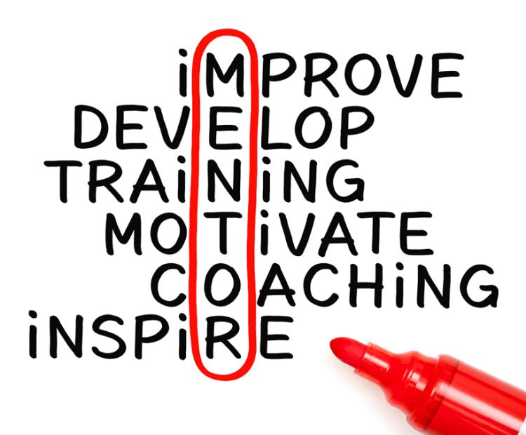 Improve, develop, training, motivate, coaching, inspire words are stacked on top of one after the other. The M-E-N-T-O-R letters are encircled with a red marker.
