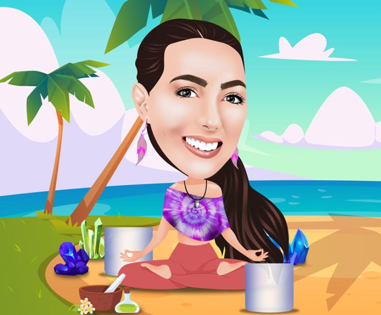 Jess's caricature showing her meditating on the beach with crystals surrounding her.