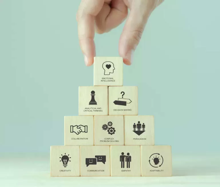 Small wooden blocks are pyramid-stacked, the blocks contain different types of skills